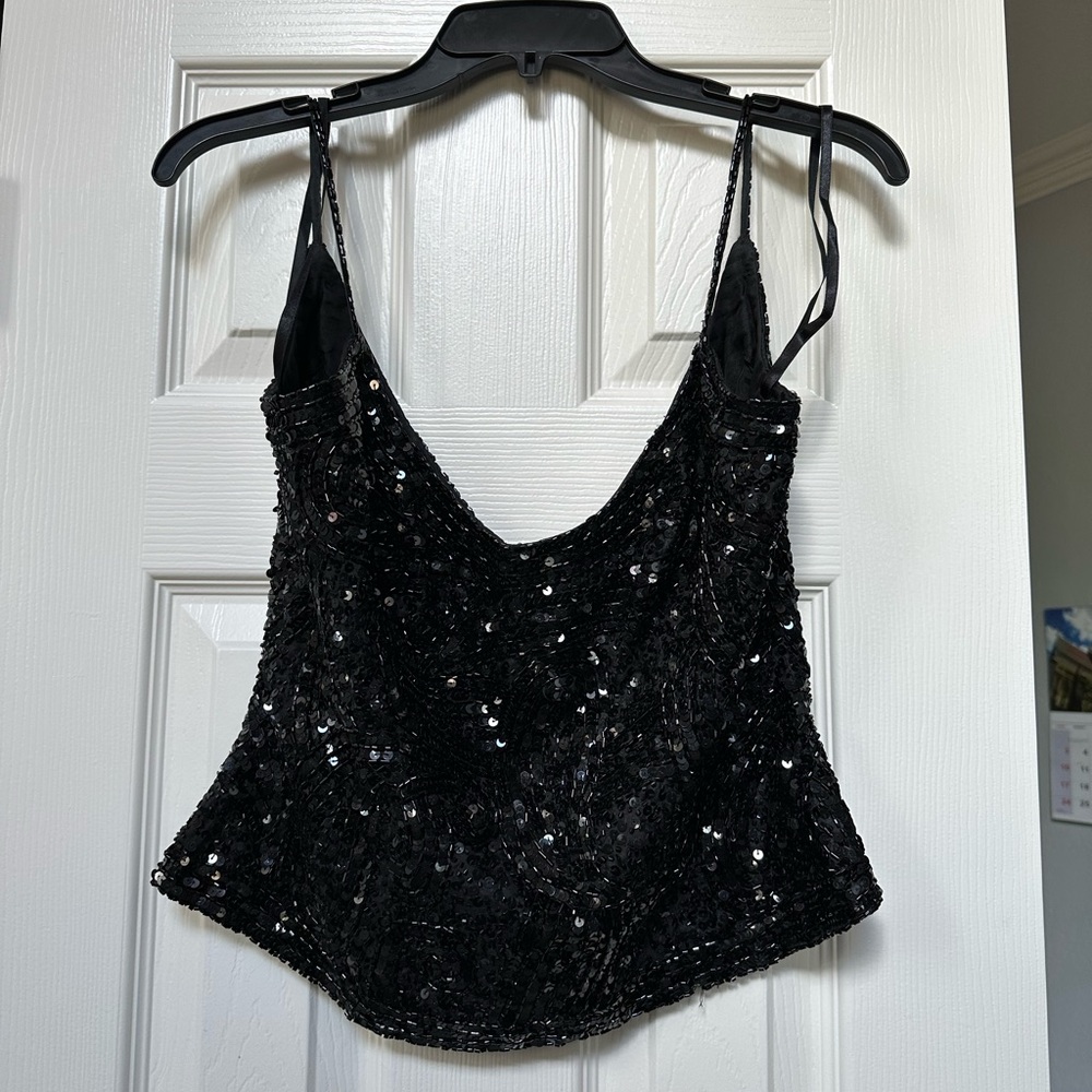 Blacktie Oleg Cassini black beaded sequins corset tank Zipup vtg 80s top